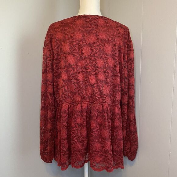Maurices Woman’s 3X Red Lined Lace Gathered Waist Long Sleeve Blouse - Picture 6 of 9